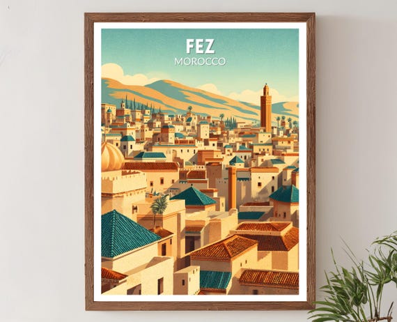 Fez Morocco Retro Travel Poster Mid Century Modern Wall Art Print Vintage Cityscape Decor Home