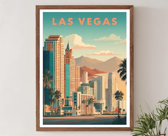 Las Vegas Nevada Retro Strip Skyline Palm Mid Century Travel Poster