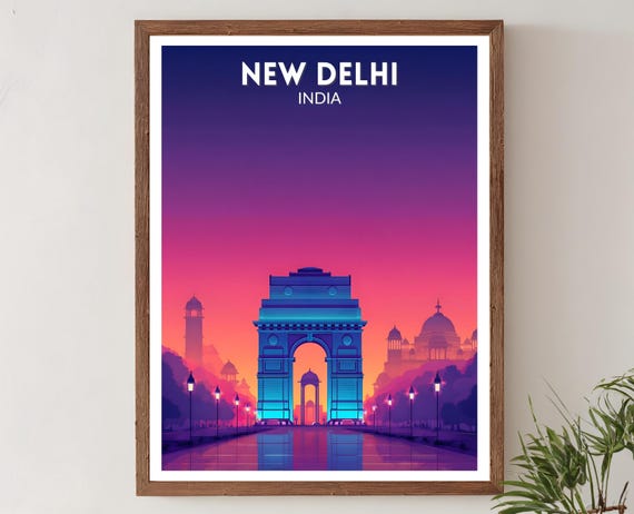 New Delhi India Vibrant Travel Poster Retro Futuristic Wall Art Print Colorful Cityscape Landscape Modern Asian Decor