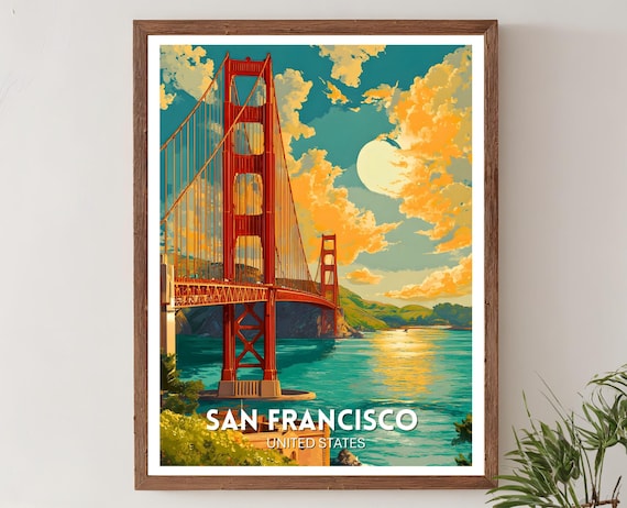 San Francisco Golden Gate Bridge Sunset Retro Travel Art Poster