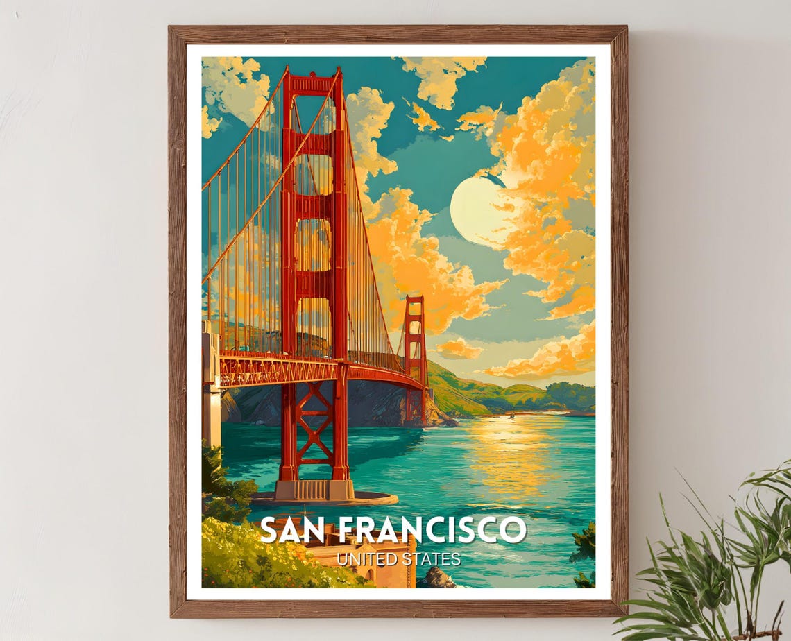 San Francisco Golden Gate Bridge Sunset Retro Travel Art Poster
