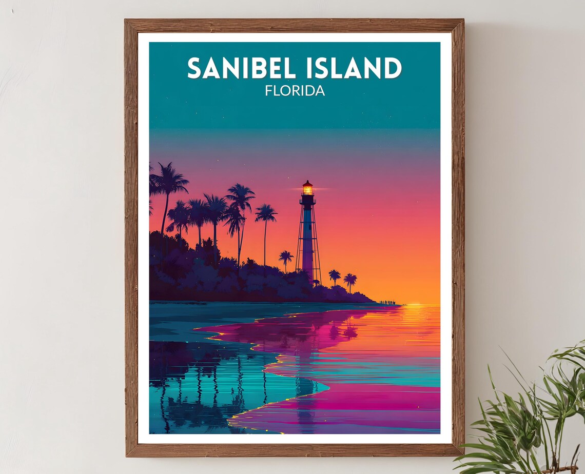 Sanibel Island Florida Lighthouse Sunset Beach Retro Travel Poster