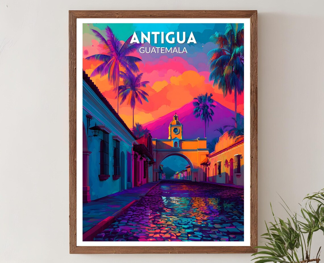 Antigua Guatemala Vibrant Retro Futuristic Travel Poster