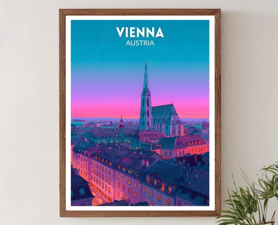 Vienna Austria Vibrant Travel Poster Retro Futuristic Wall Art Print Colorful Cityscape Landscape Modern European Decor
