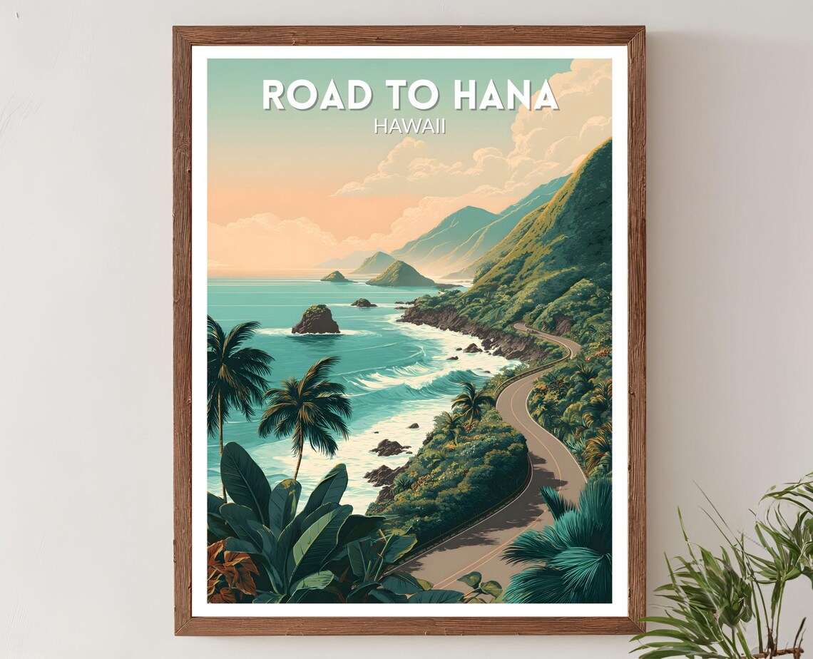 Road To Hana Hawaii Retro Travel Poster, Mid-Century