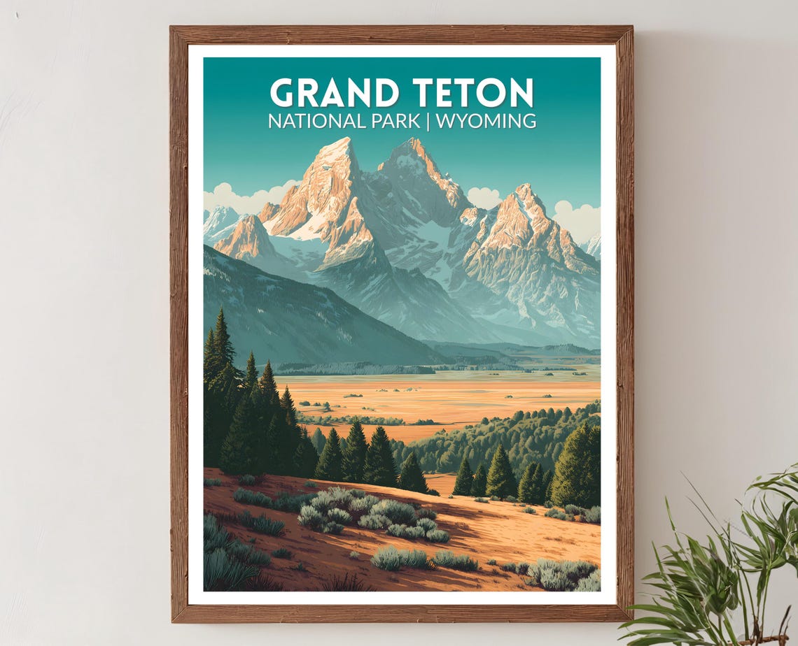 Grand Teton National Park Wyoming Mountain Retro Travel Poster