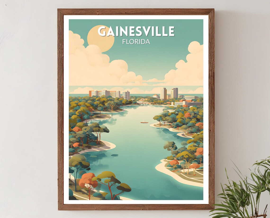 Gainesville Florida Retro Travel Poster, Cityscape