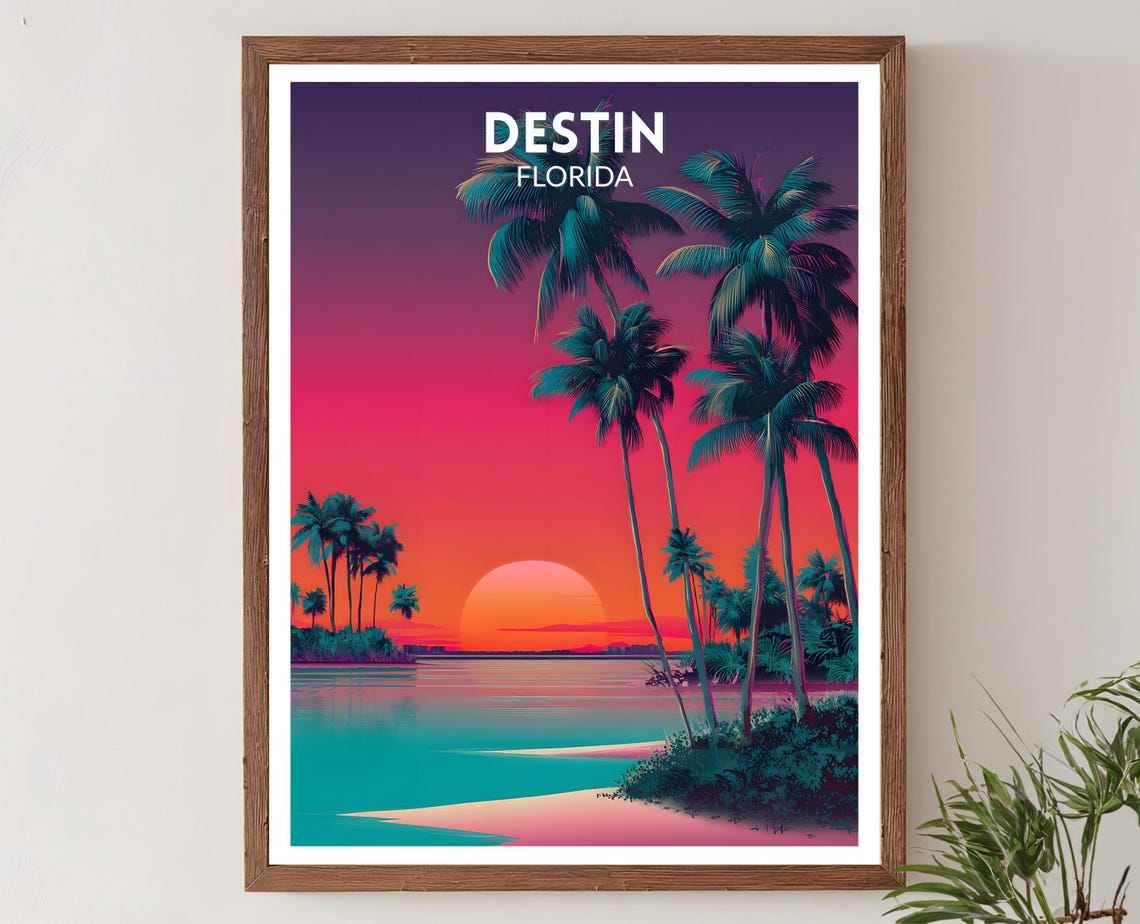 Destin Florida Vibrant Retro Futuristic Beach Sunset Travel Poster