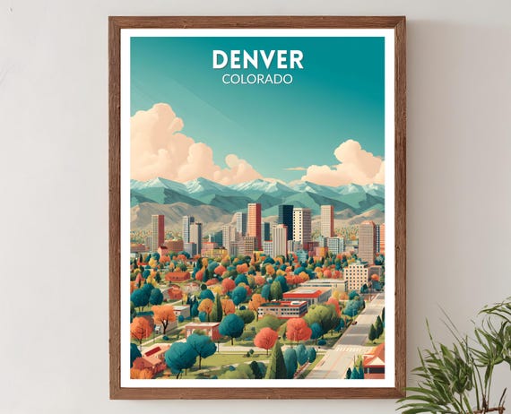 Denver Colorado Retro Travel Poster Mid Century Modern Wall Art Print Vintage Mountain Skyline Decor Home