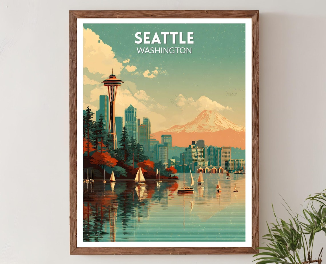Seattle Washington Retro Travel Poster, Mid-Century