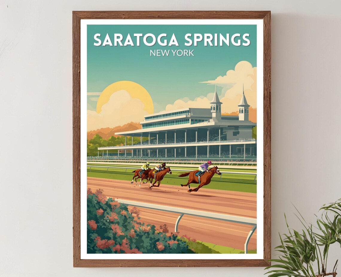 Saratoga Springs New York Horse Racing Retro Vintage Travel Poster