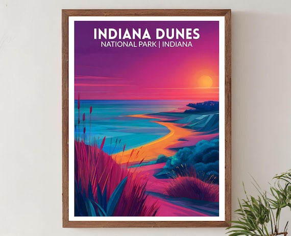 Indiana Dunes National Park Sunset Beach Vibrant Travel Poster
