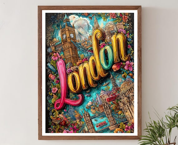 London Landmarks Colorful Script Typography Travel Art Poster