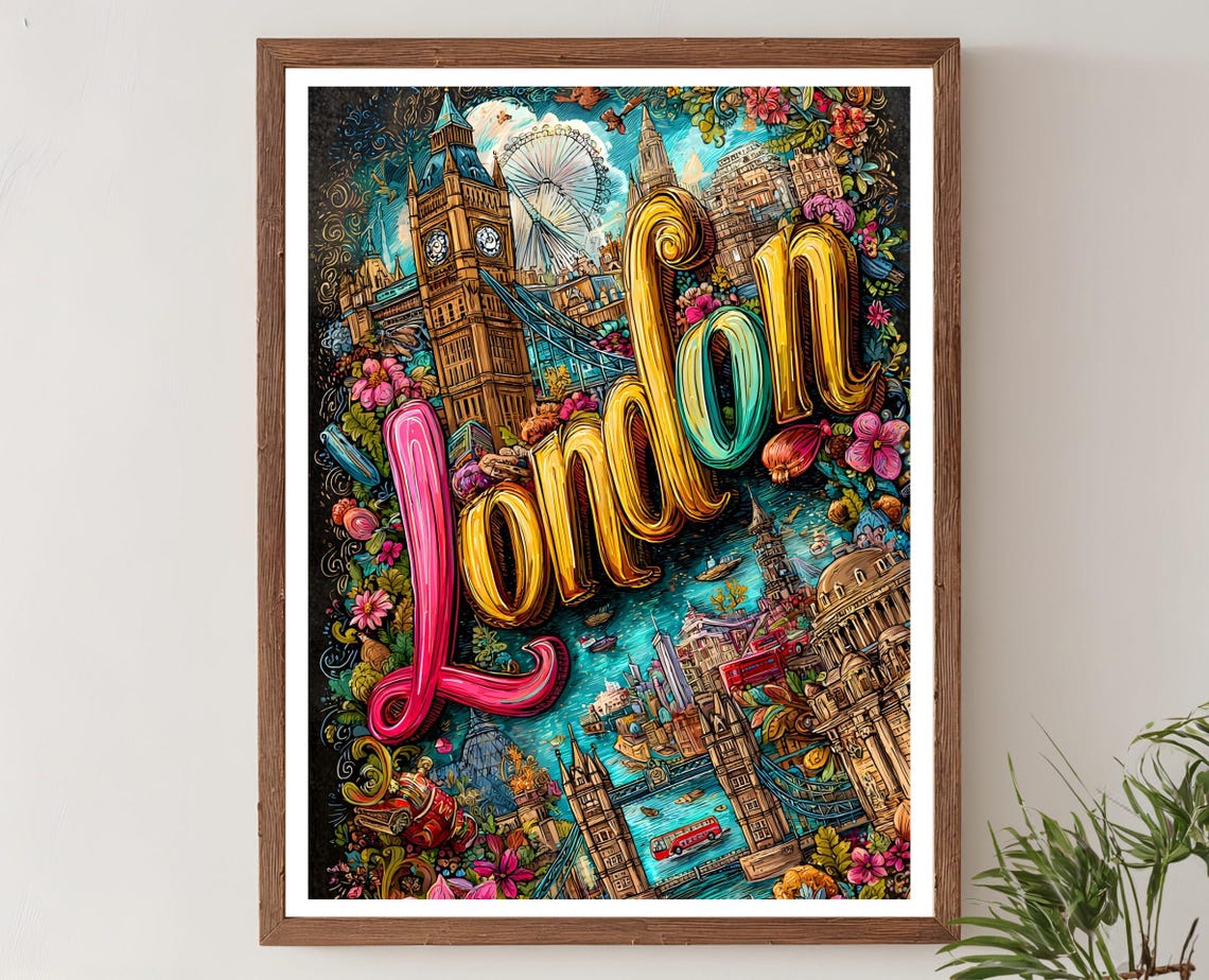 London Landmarks Colorful Script Typography Travel Art Poster