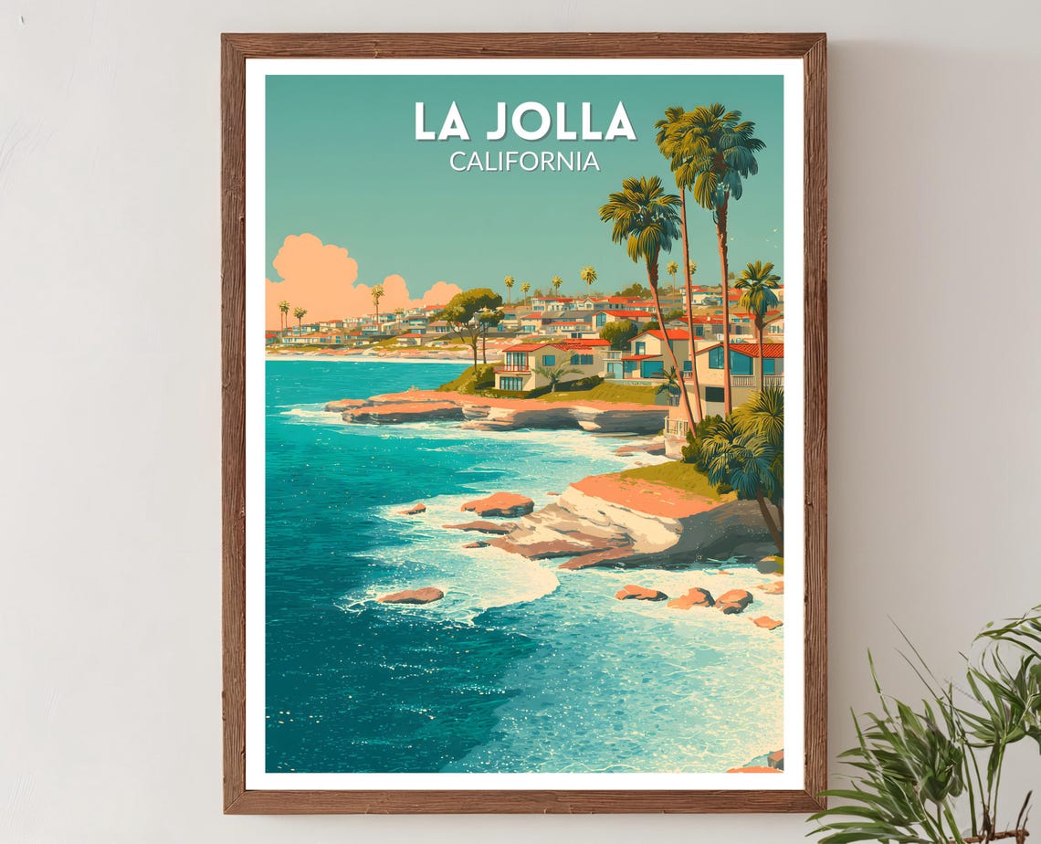 La Jolla California Retro Mid Century Modern Coastline Travel Poster
