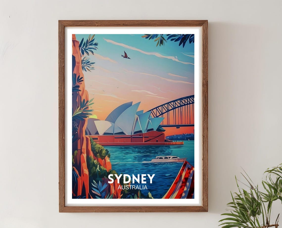 Sydney Australia Opera House Harbour Bridge Sunset Travel Poster