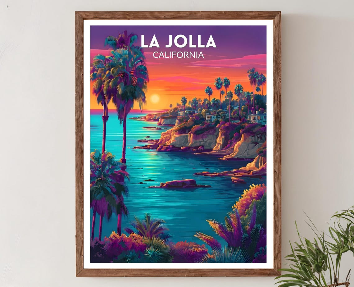 La Jolla California Vibrant Retro Futuristic Sunset Travel Poster