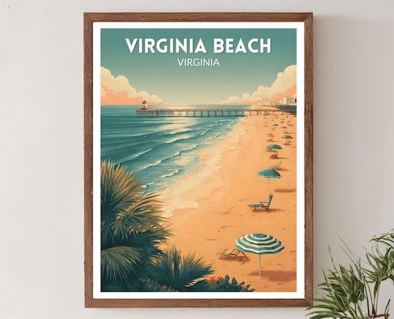 Virginia Beach Virginia Retro Pier Beach Day Mid Century Travel Poster