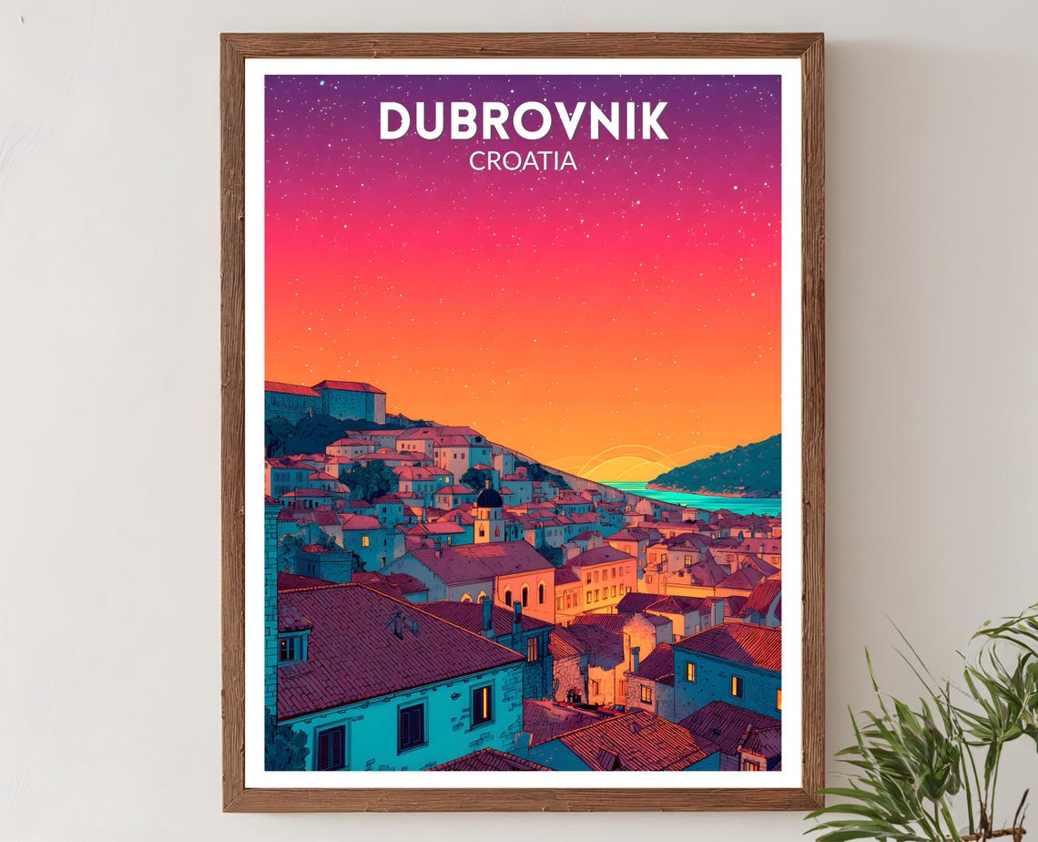Dubrovnik Croatia Sunset Old Town Red Roofs Retro Travel Poster