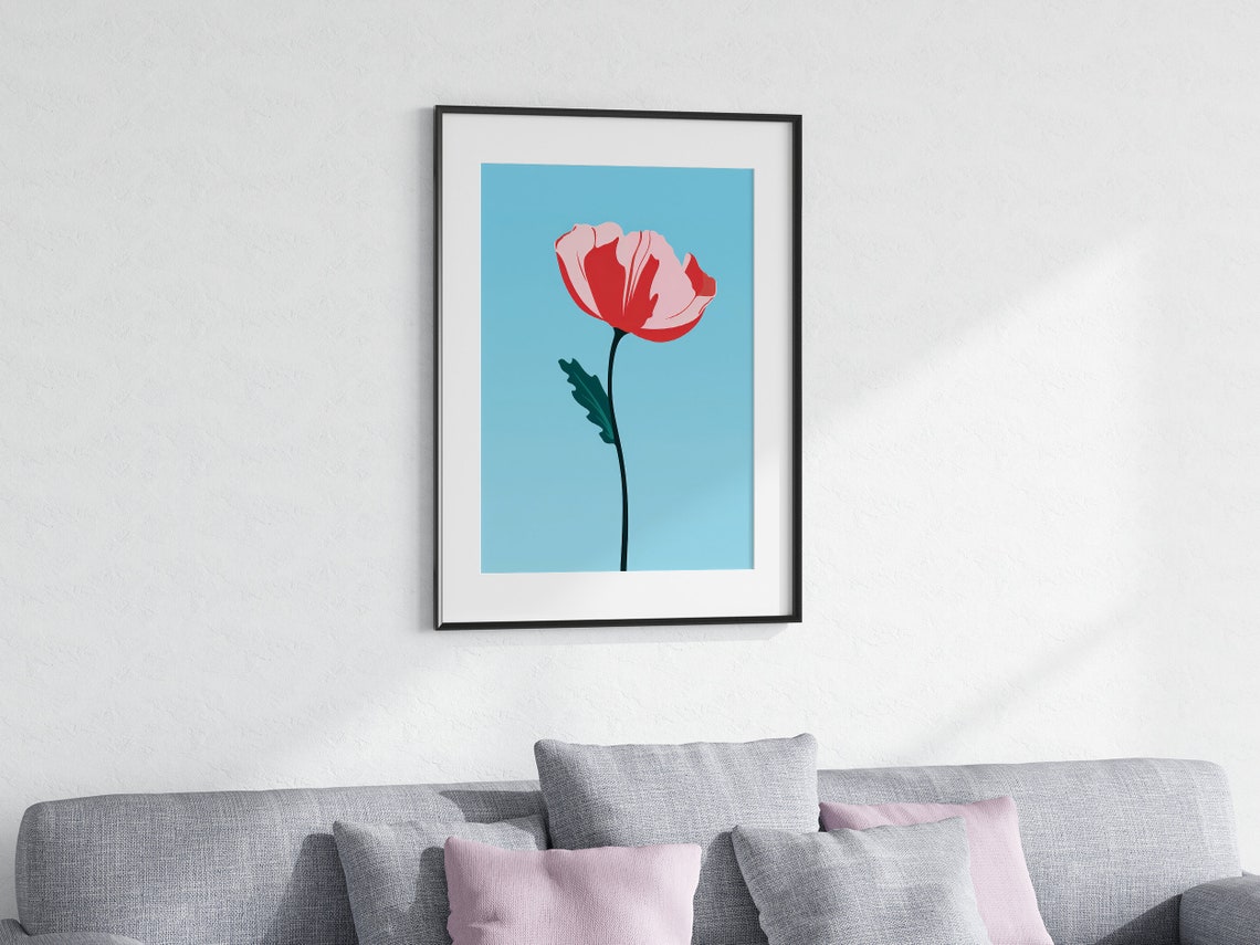Poppy Flower Superflat Art Bold Red Poppy On Blue Background Modern Poster Style - Image 3