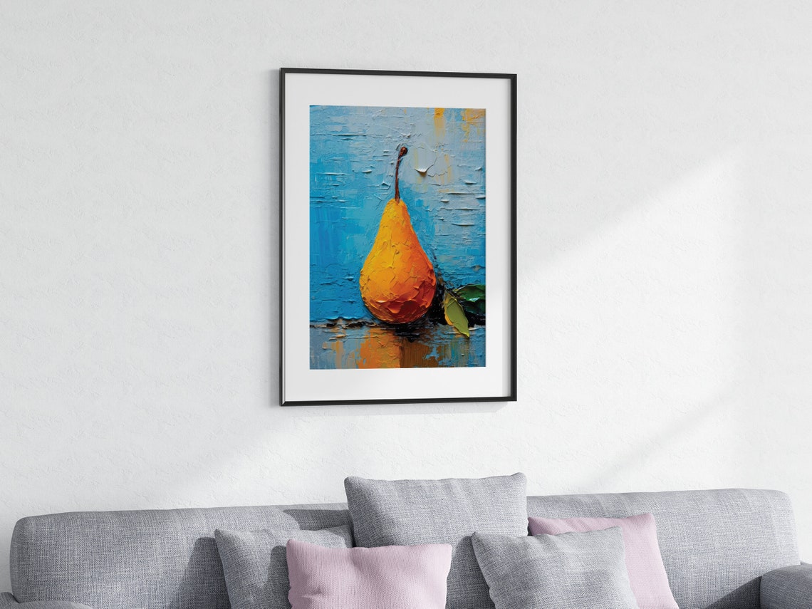 Golden Ripe Pear Against Textured Cobalt Blue Impasto Art Poster - Image 2