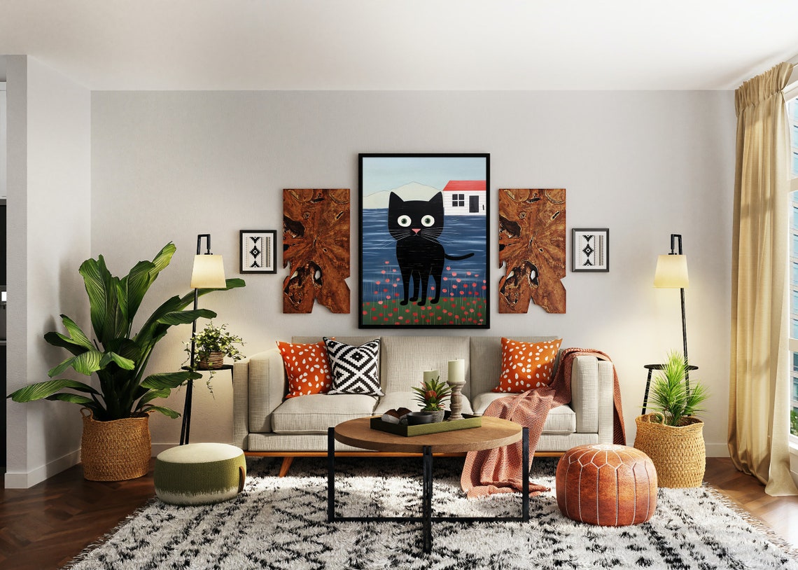 Whimsical Black Cat with Pink Nose Charming Naive Art Poster - Image 3
