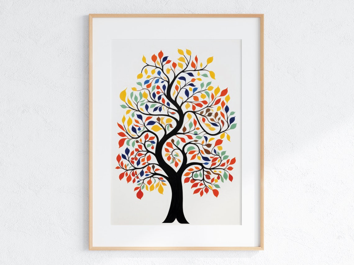 Colorful Tree of Life with Black Trunk Joyful Folk Art Poster