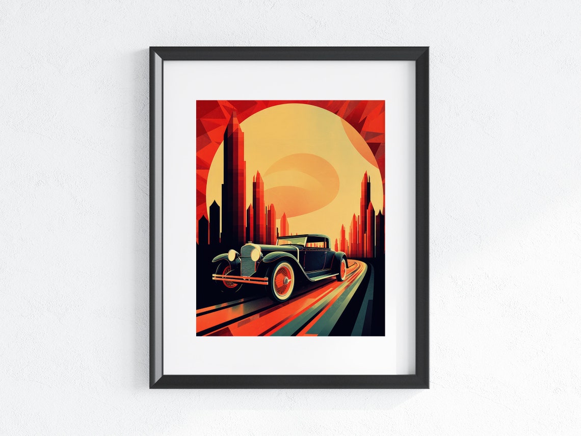 Art Deco Vintage Roadster Speeding Through Sunset City Poster