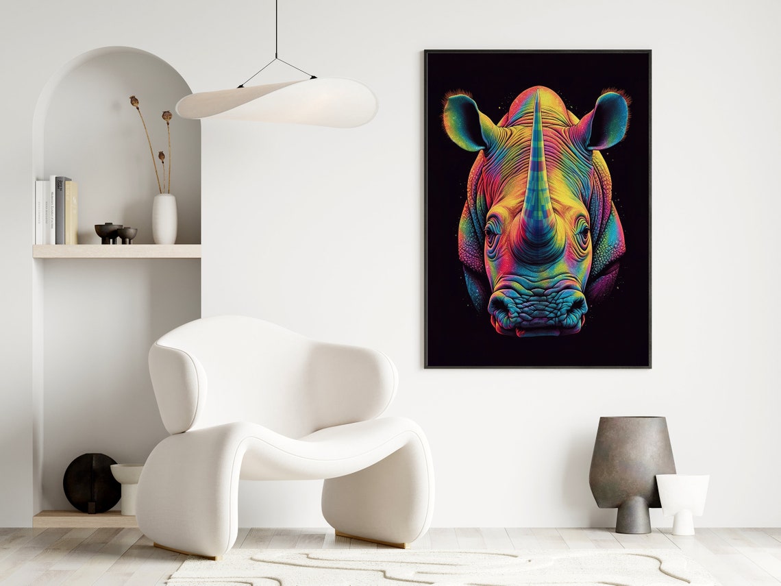 Neon Rainbow Rhino Head Portrait on Black Background Art Poster - Image 4