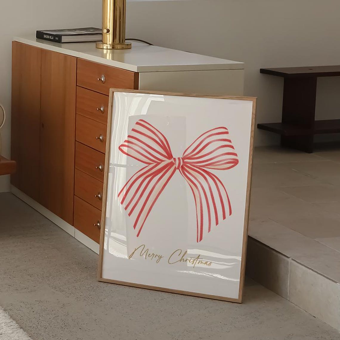 Merry Christmas Big Red Striped Bow Gold Script Holiday Wall Art - Image 3