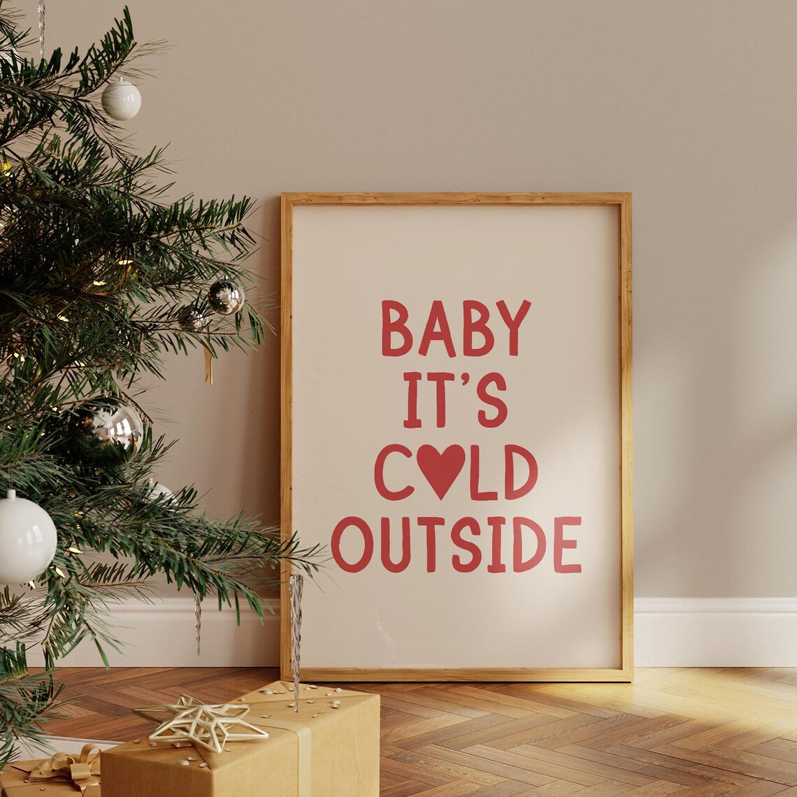 Baby Its Cold Outside Red Heart Block Letters Winter Holiday Wall Poster - Image 3