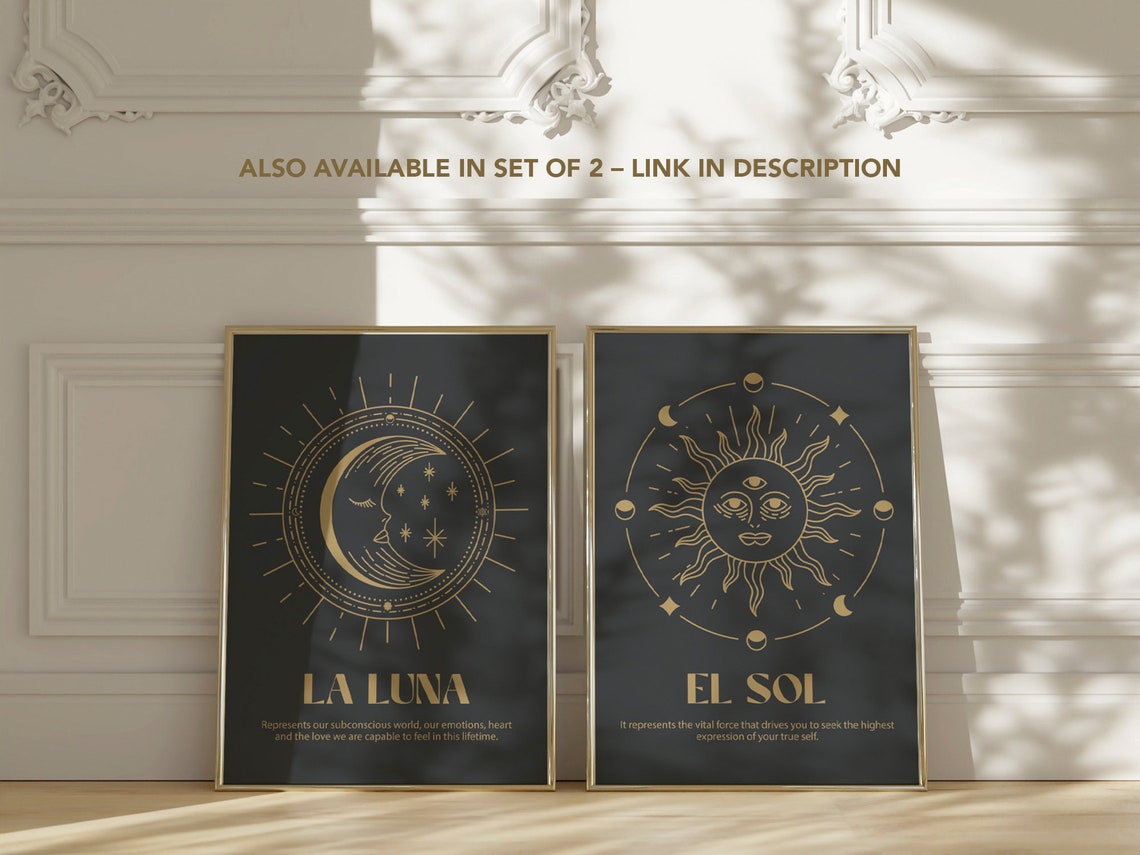 La Luna Gold Crescent Moon Face Celestial Spiritual Black Poster - Image 3