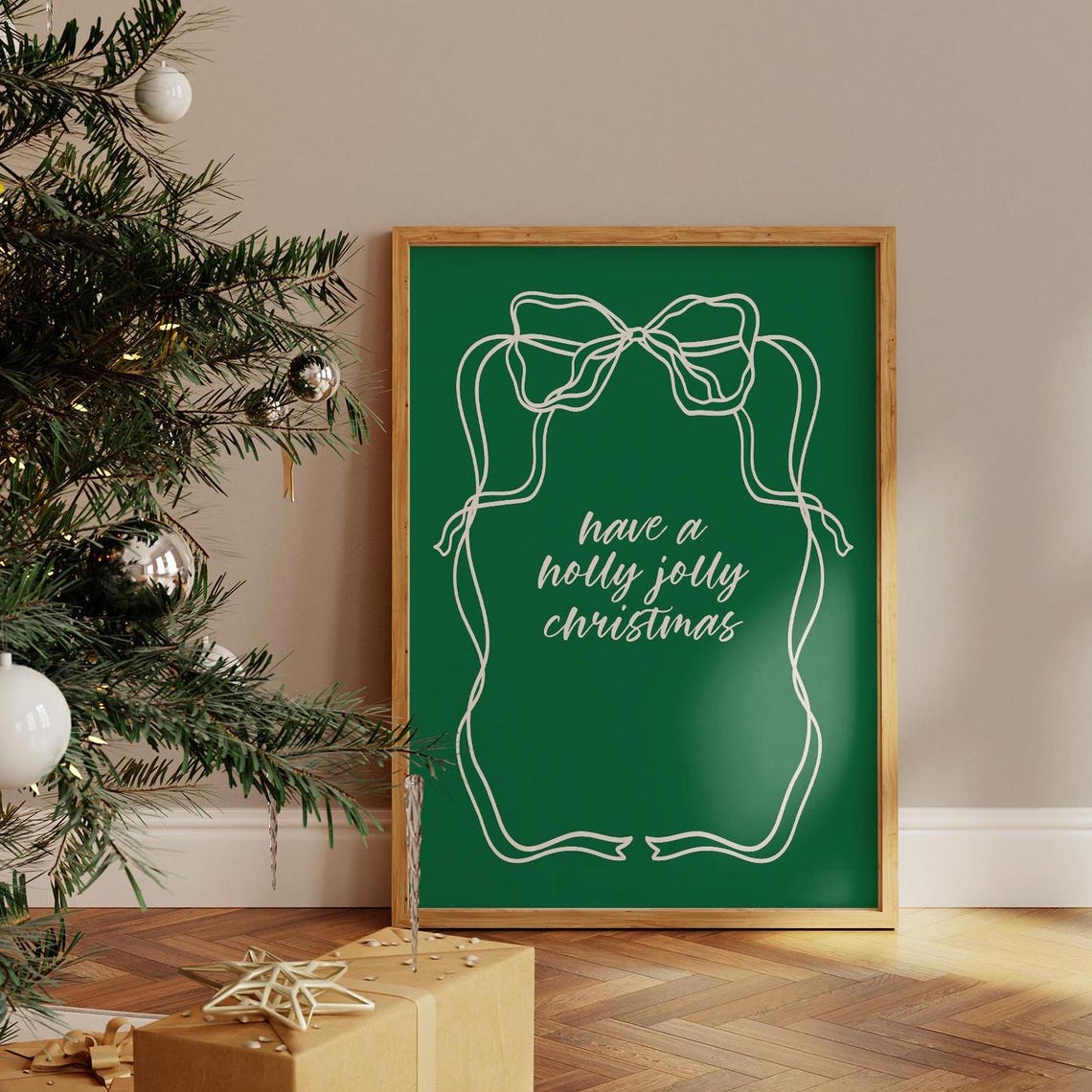 Have A Holly Jolly Christmas Cream Bow Green Holiday Wall Art - Image 3