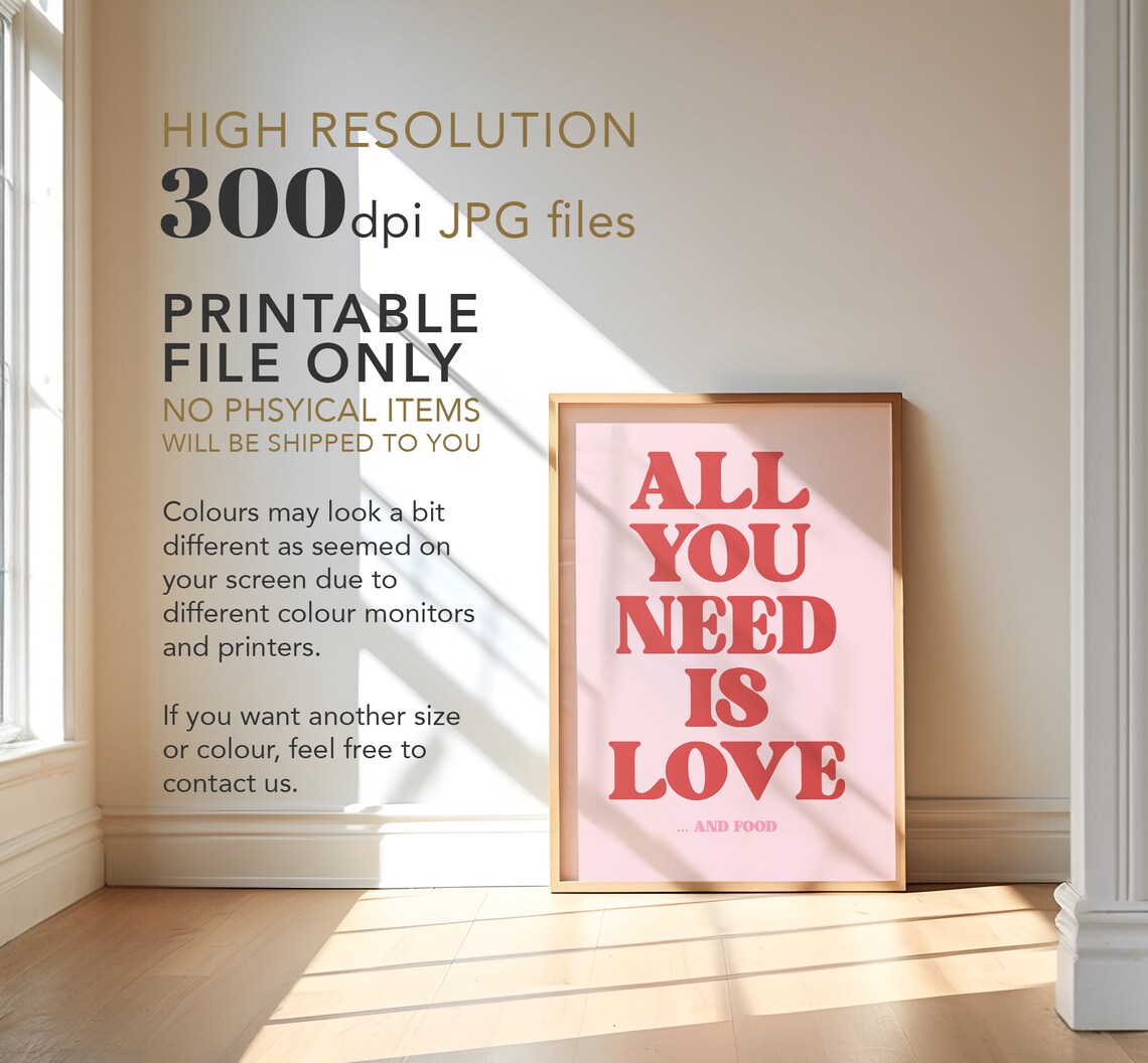 All You Need Is Love And Food Pink Typography Art Print - Image 3