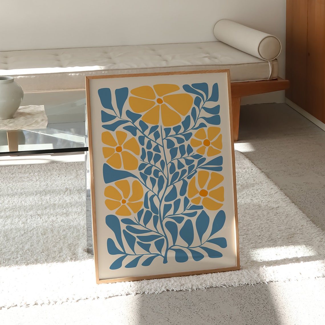 Yellow Flowers Teal Leaves Matisse Style Botanical Folk Art Poster