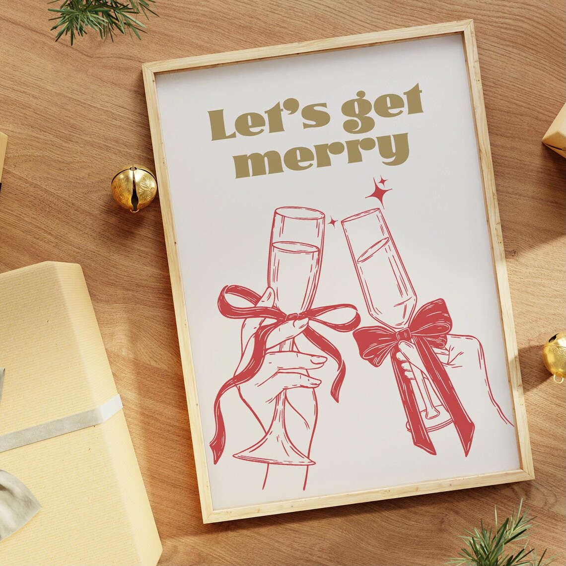 Lets Get Merry Gold Retro Champagne Flutes Red Bow Christmas Party Poster - Image 3