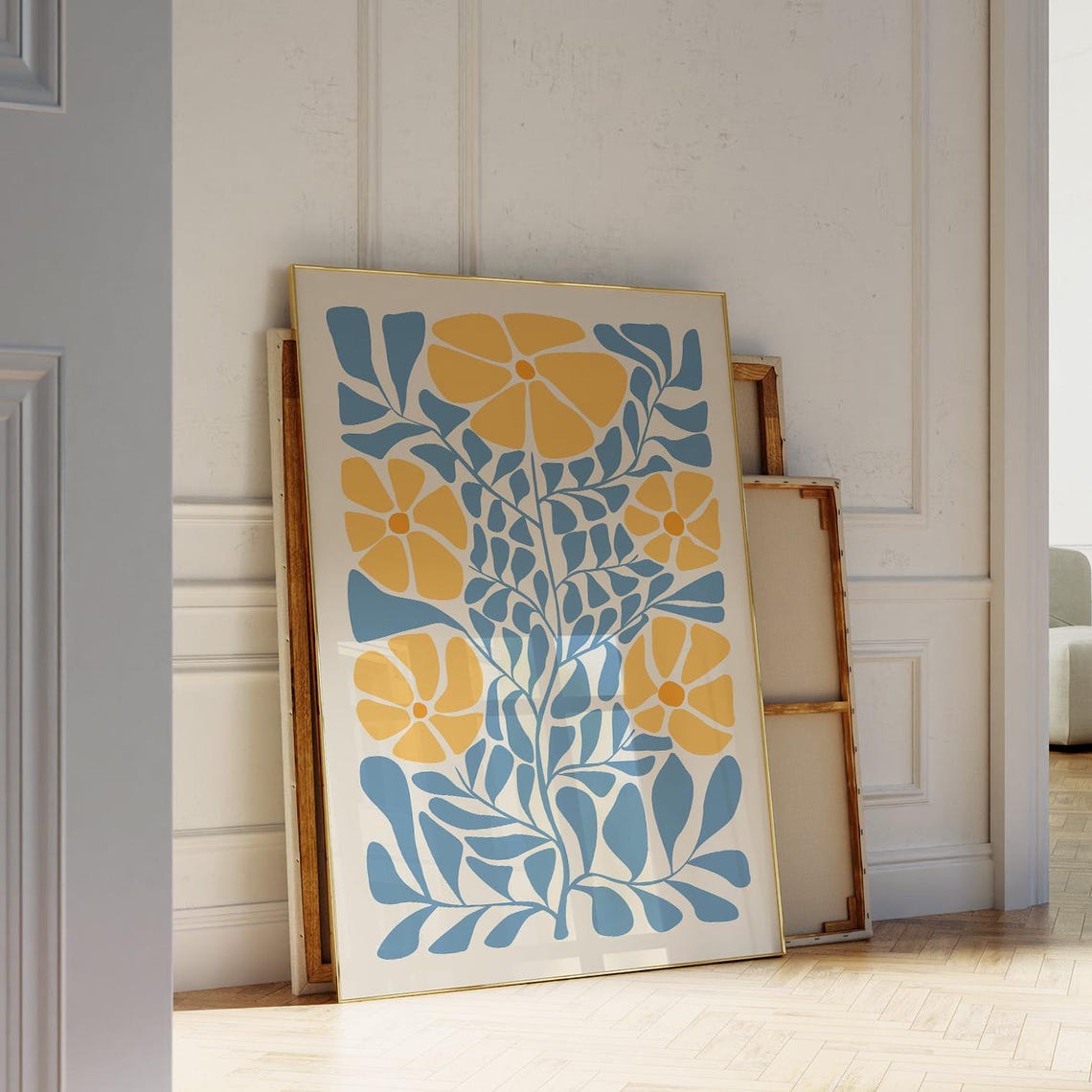 Yellow Flowers Teal Leaves Matisse Style Botanical Folk Art Poster - Image 3
