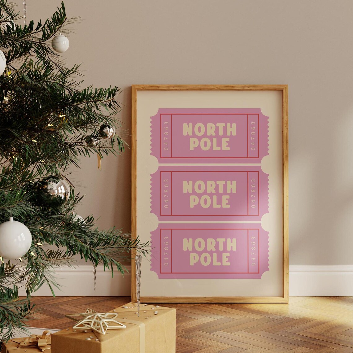 North Pole Ticket Pink Christmas Art Print - Image 3