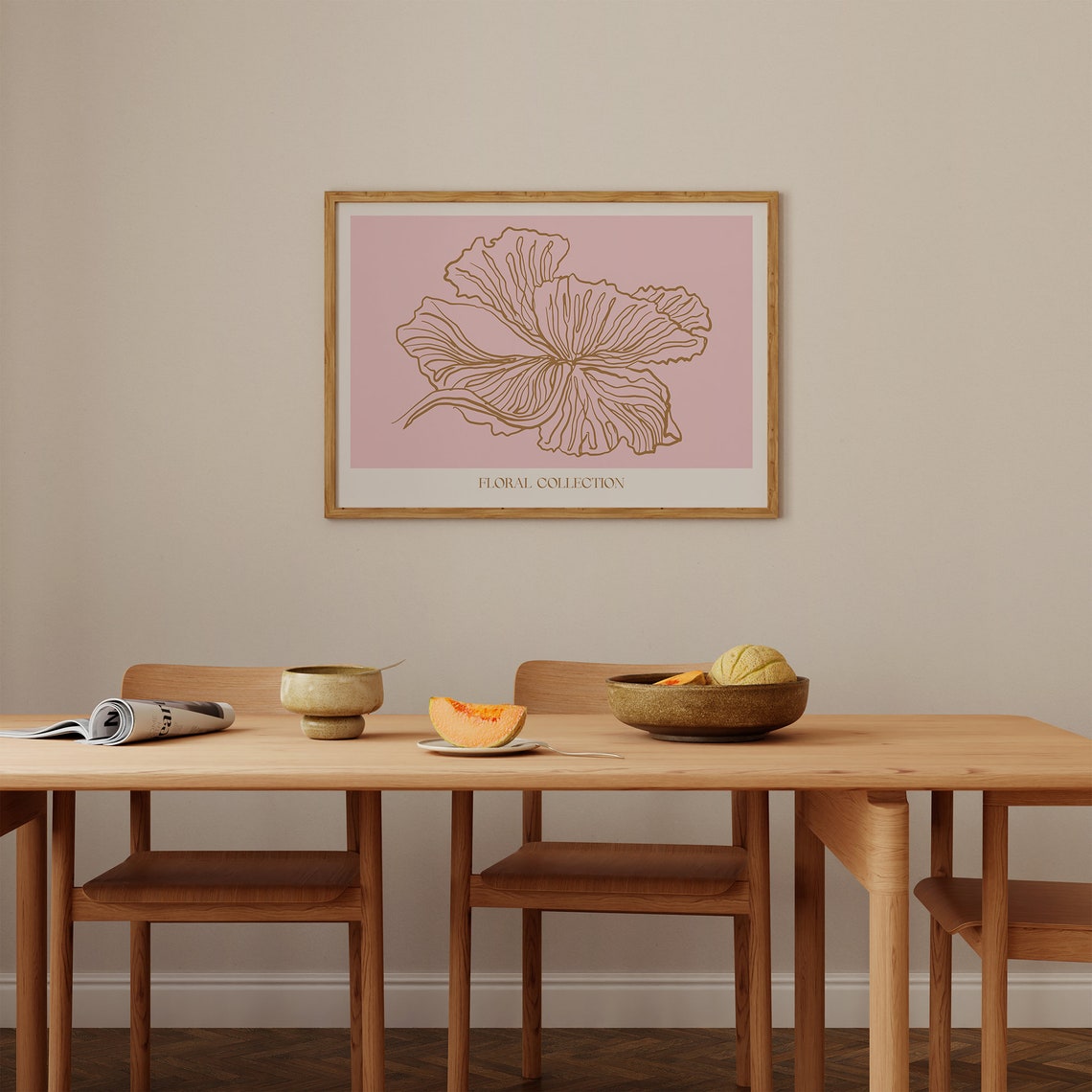 Gold Line Flower Drawing Pink Floral Collection Minimalist Poster - Image 2