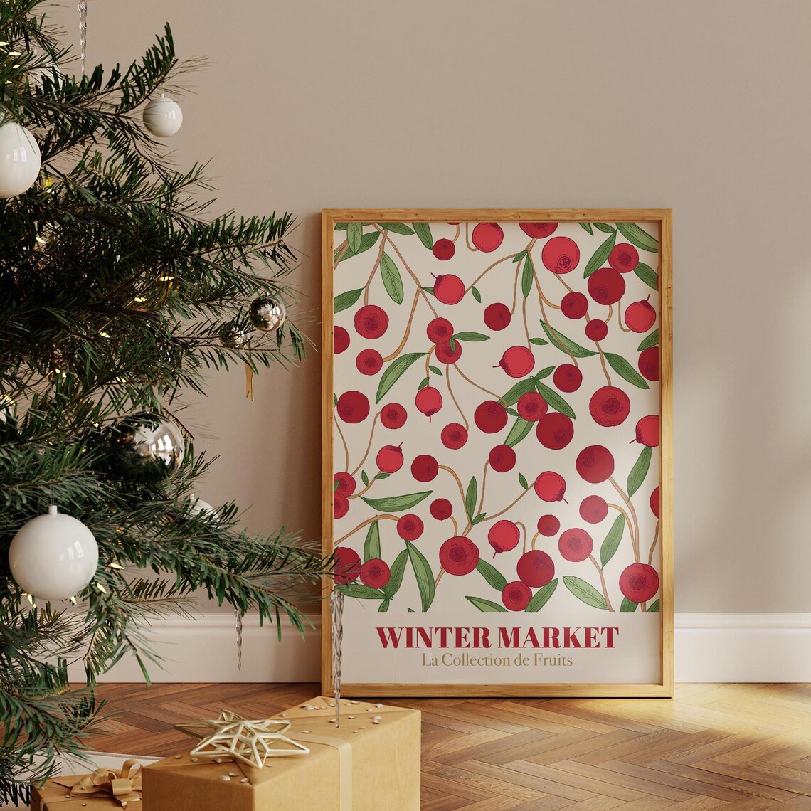 Christmas Winter Market Art Print, Botanical Holiday Decor - Image 3