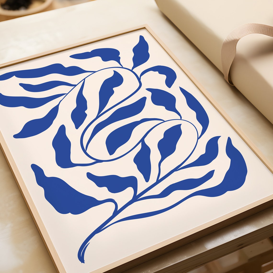 Cobalt Blue Botanical Leaf Abstract Matisse Style Cream Art Poster - Image 3