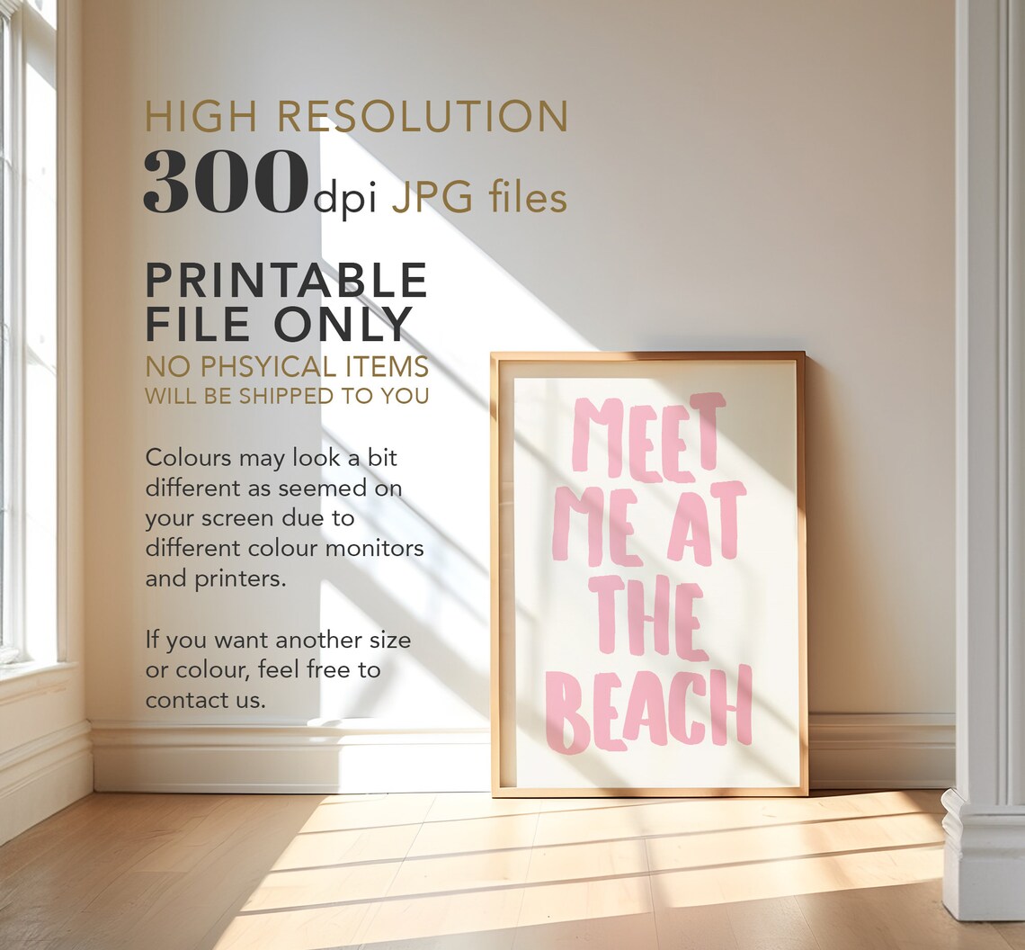 Meet Me At The Beach Pink Brush Lettered Coastal Wall Decor Gift Poster - Image 3