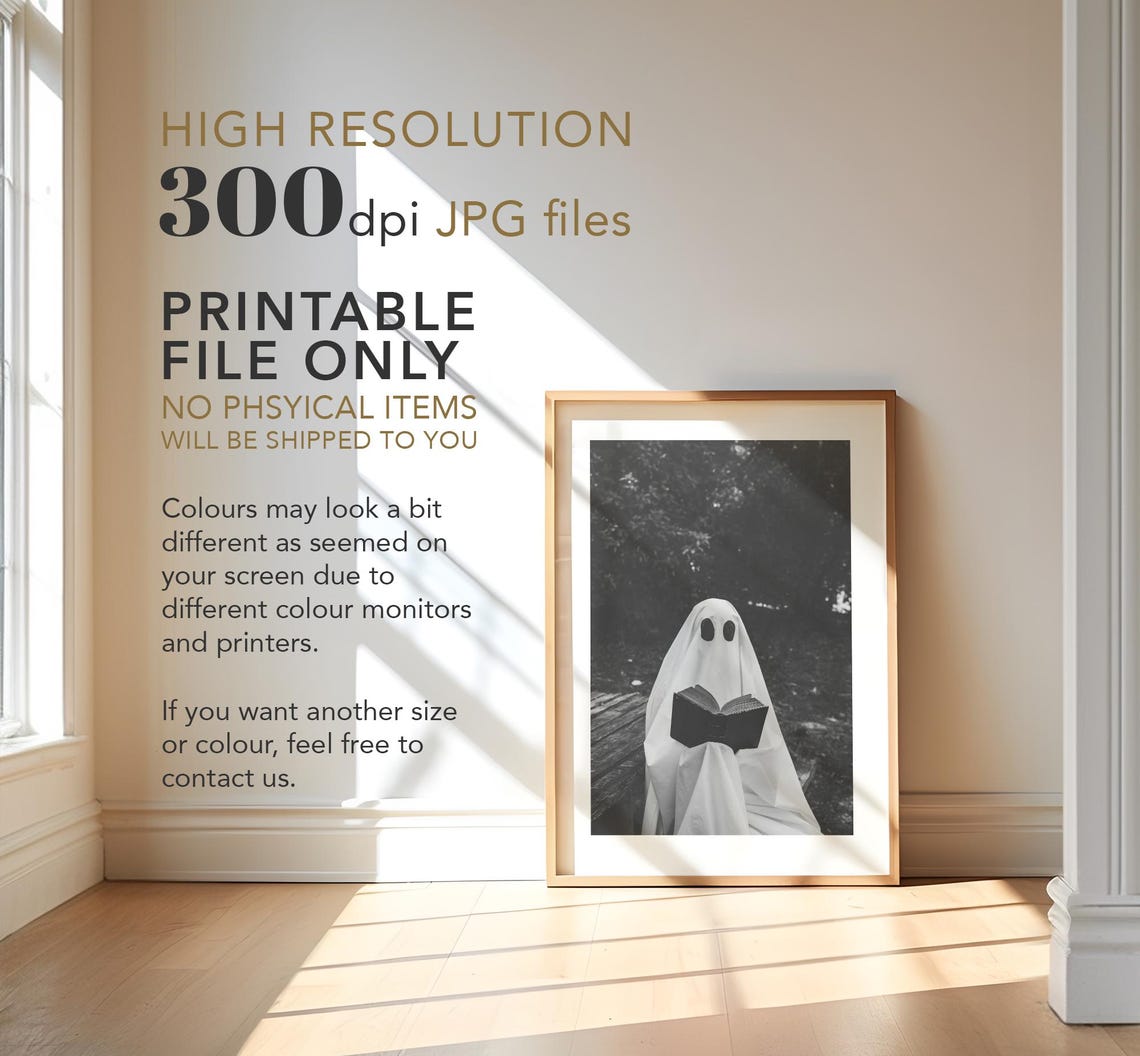 Ghost Reading Book Spooky Black and White Photo Halloween Decor Poster - Image 4