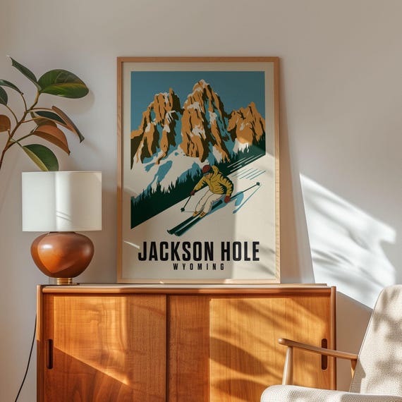 Jackson Hole Wyoming Ski Poster Print Vintage Gift For Snowboarders And Skiers