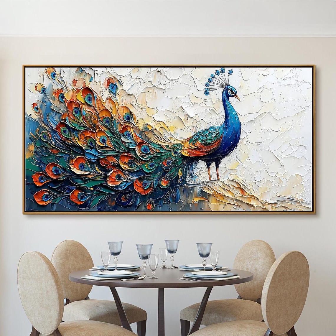 Standing Peacock in Profile with Colorful Tail on White Poster