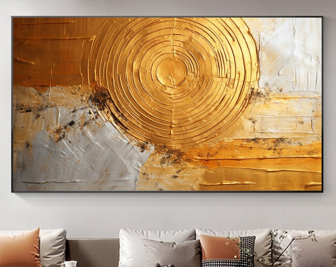 Gold Circle Sun Gray White Marble Textured Abstract Painting Poster