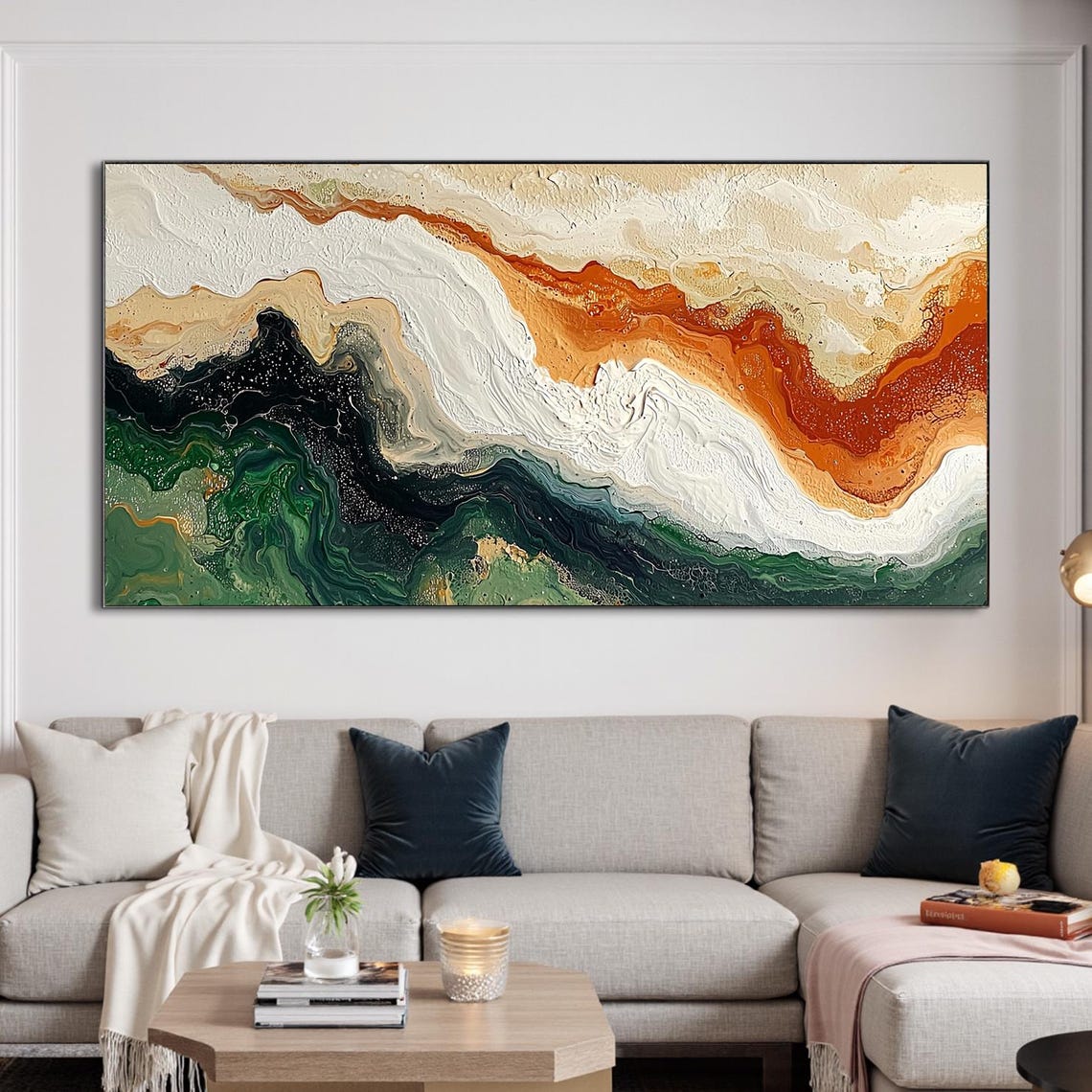 Emerald Green and Burnt Orange Marble Swirl Abstract Art Poster