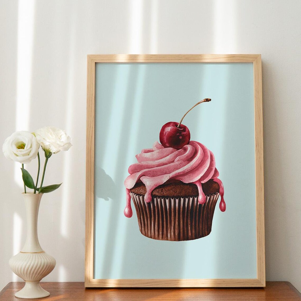 Sweet Cherry Cupcake Pink Frosting Watercolor Kitchen Art Poster - Image 4