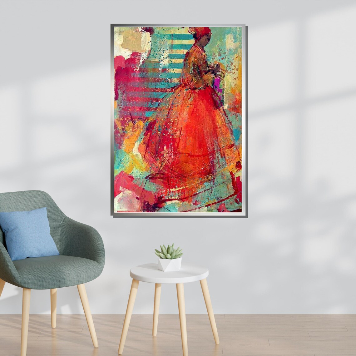 Vibrant Woman In Red Gown Abstract Expressionist Portrait Colorful Wall Poster - Image 3