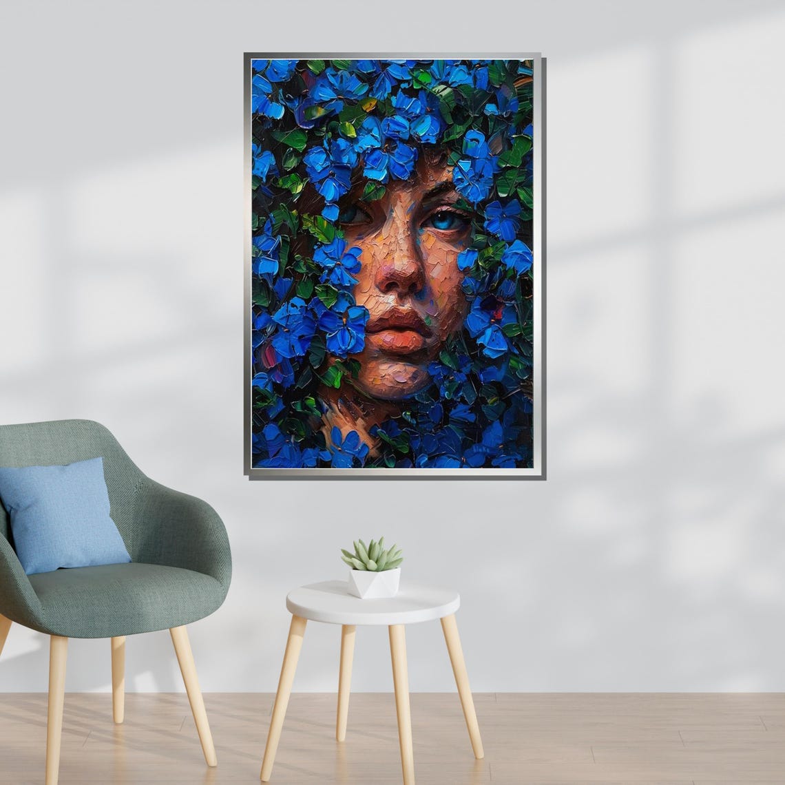 Blue Blossom Girl Floral Portrait Impasto Flower Face Painting Poster - Image 3